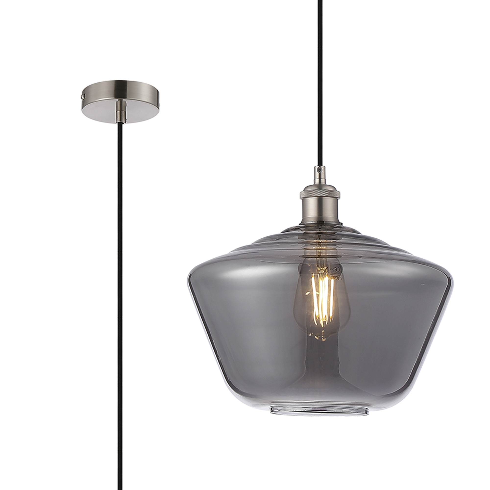 DK1140  Cawdor Single Pendant, 1 Light E27, Satin Nickel/Black/Smoke Hexagonal Glass